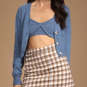 Lulu’s Cozy Duet Blue Knit Two-Piece Cardigan Set